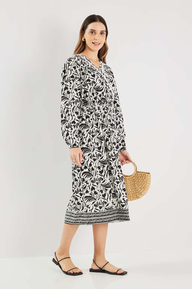 Printed-Blended-Fabric-V-Neck-Women-s-Midi-Dress