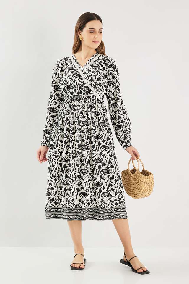 Printed-Blended-Fabric-V-Neck-Women-s-Midi-Dress
