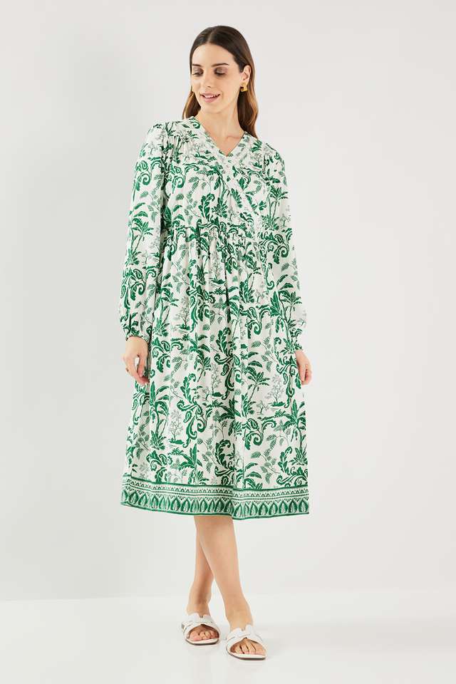 Printed-Blended-Fabric-V-Neck-Women-s-Midi-Dress