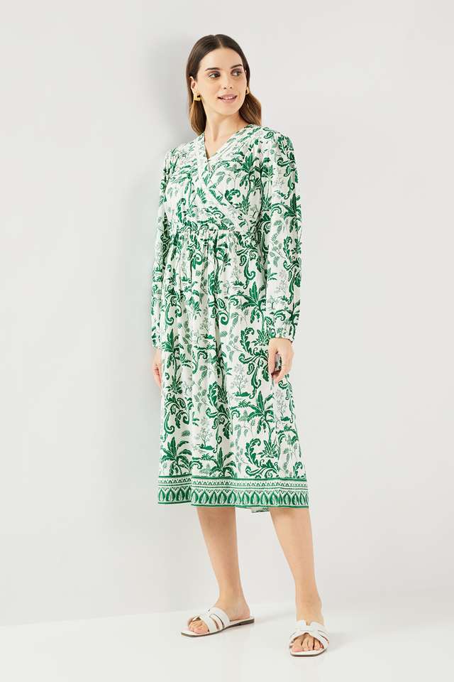 Printed-Blended-Fabric-V-Neck-Women-s-Midi-Dress