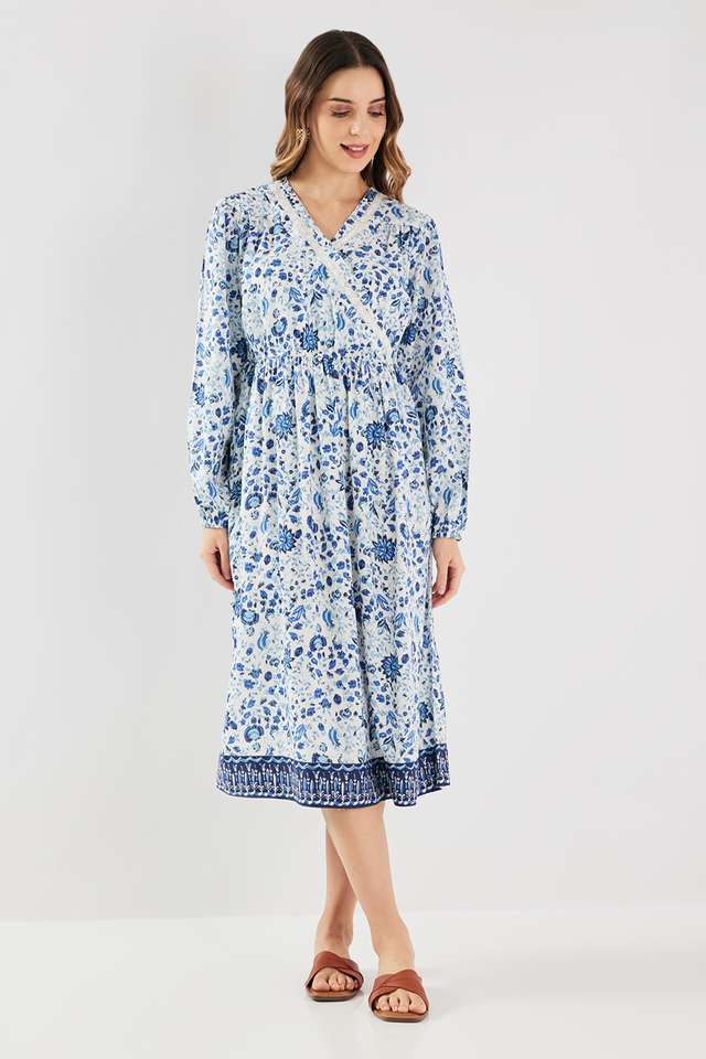 Printed-Blended-Fabric-V-Neck-Women-s-Midi-Dress