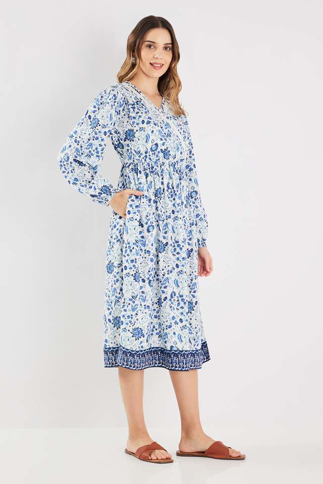 Printed-Blended-Fabric-V-Neck-Women-s-Midi-Dress