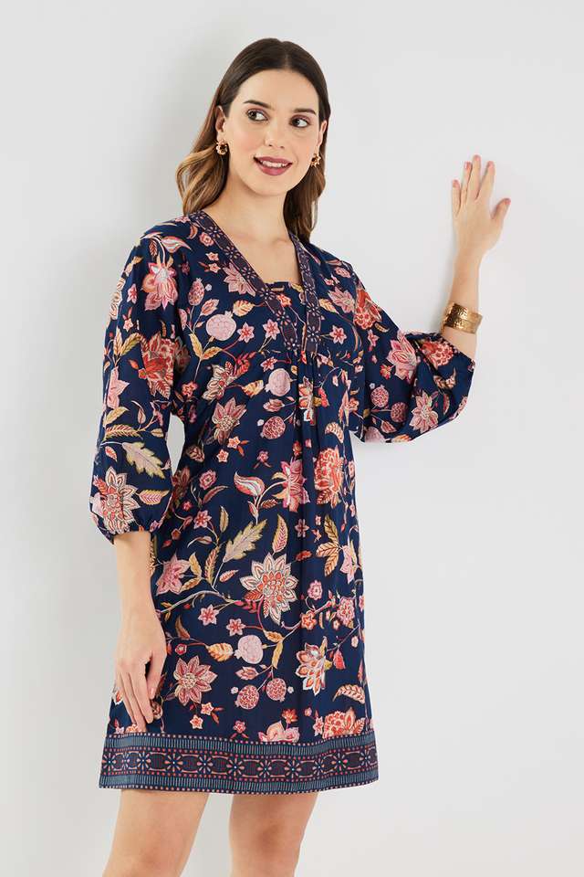 Printed-Blended-Fabric-V-Neck-Women-s-Mini-Dress