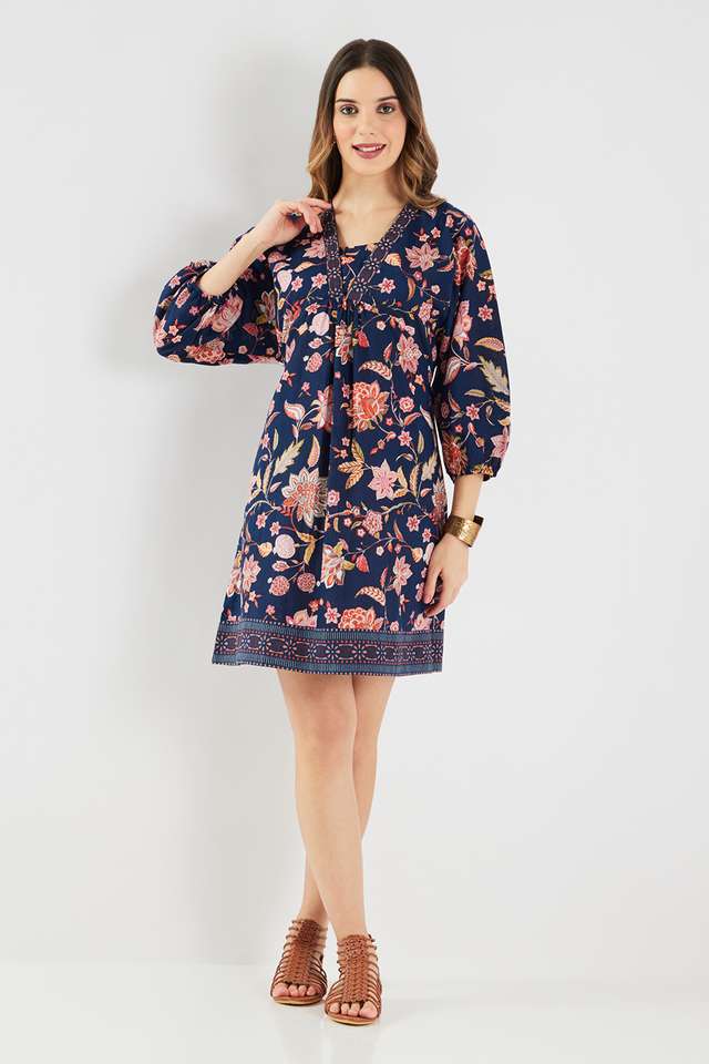 Printed-Blended-Fabric-V-Neck-Women-s-Mini-Dress
