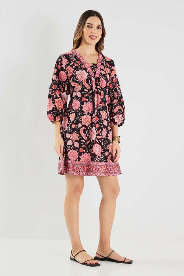 Printed-Blended-Fabric-V-Neck-Women-s-Mini-Dress