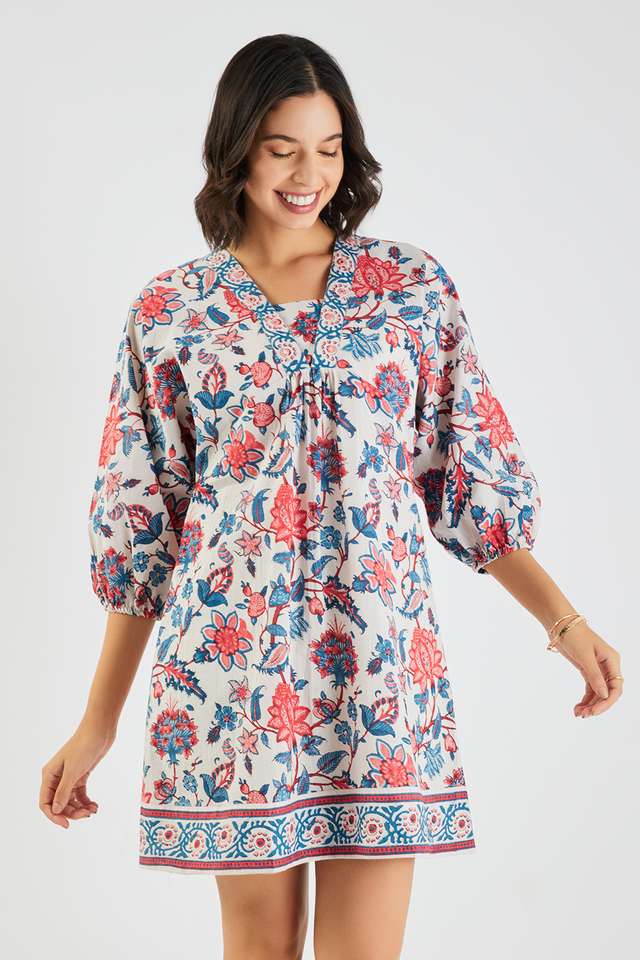 Printed-Blended-Fabric-V-Neck-Women-s-Mini-Dress