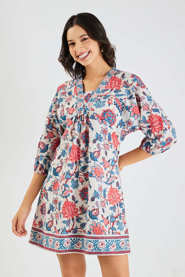 Printed-Blended-Fabric-V-Neck-Women-s-Mini-Dress