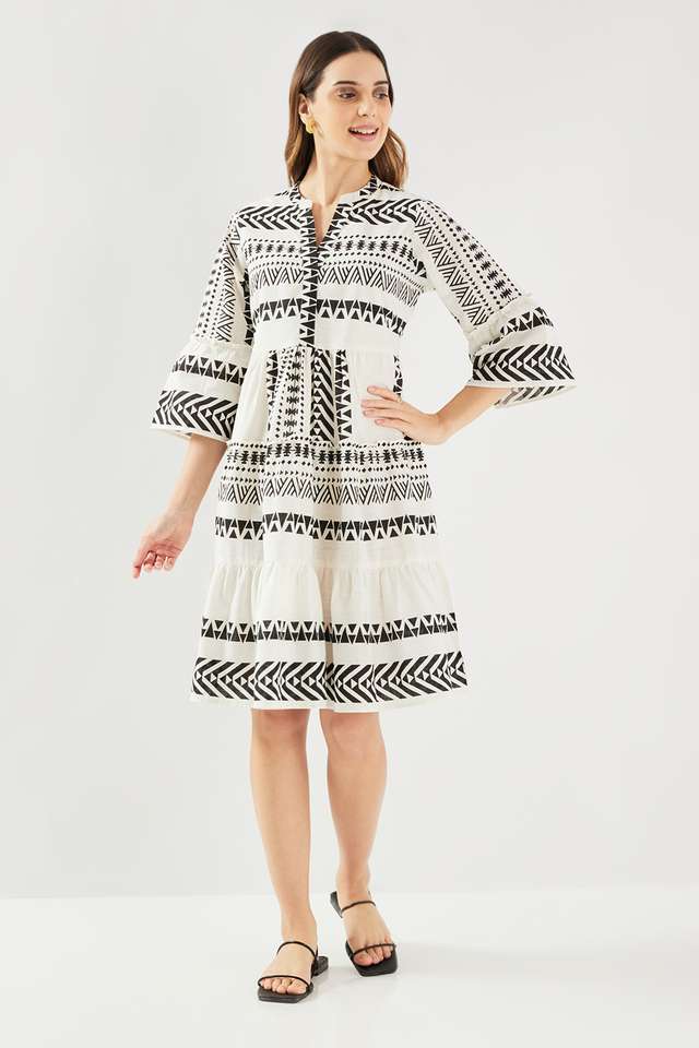 Printed-Blended-Fabric-Collared-Women-s-Knee-Length-Dress