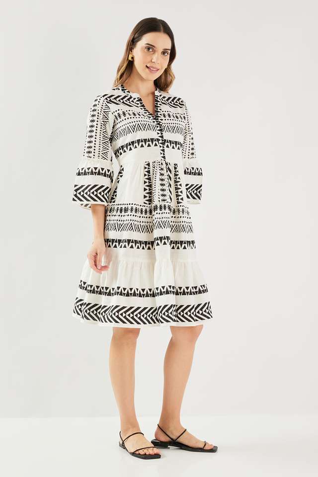 Printed-Blended-Fabric-Collared-Women-s-Knee-Length-Dress