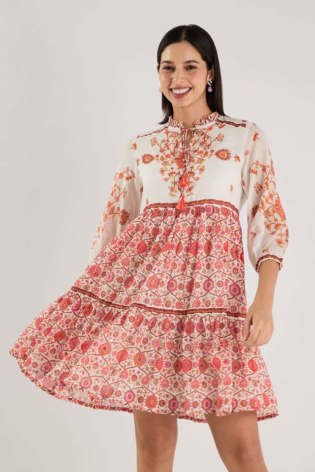 Printed-Blended-Fabric-Round-Neck-Women-s-Knee-Length-Dress