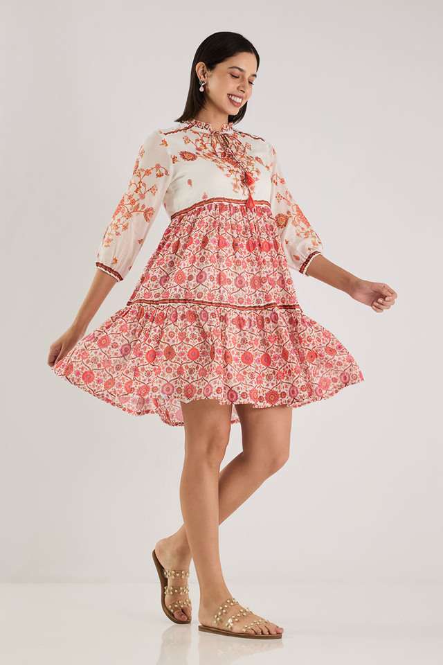 Printed-Blended-Fabric-Round-Neck-Women-s-Knee-Length-Dress