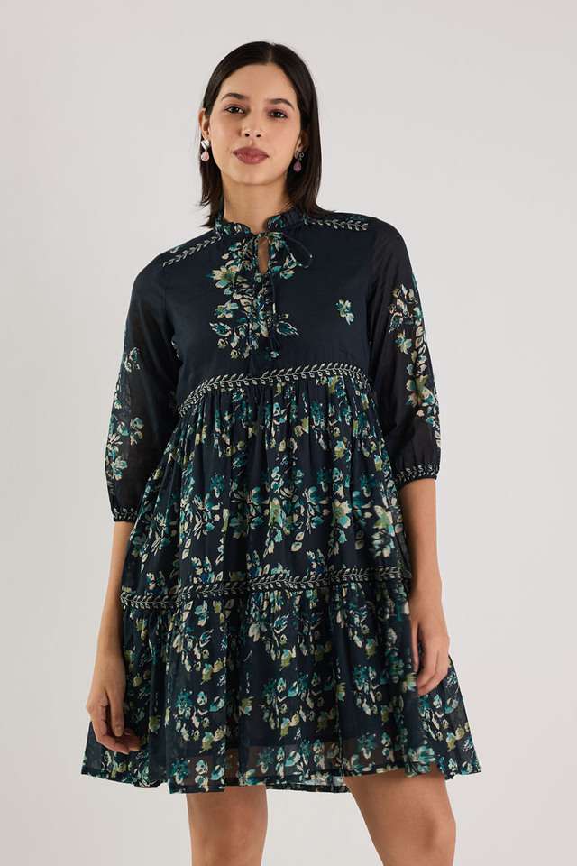 Printed-Blended-Fabric-Round-Neck-Women-s-Knee-Length-Dress