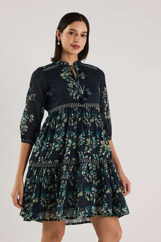 Printed-Blended-Fabric-Round-Neck-Women-s-Knee-Length-Dress