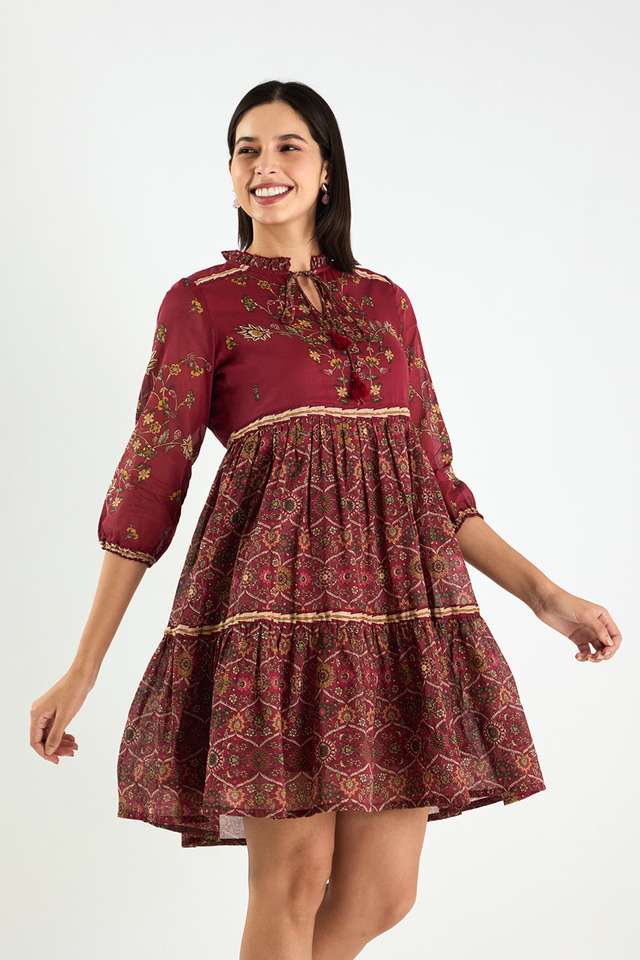 Printed-Blended-Fabric-Round-Neck-Women-s-Knee-Length-Dress