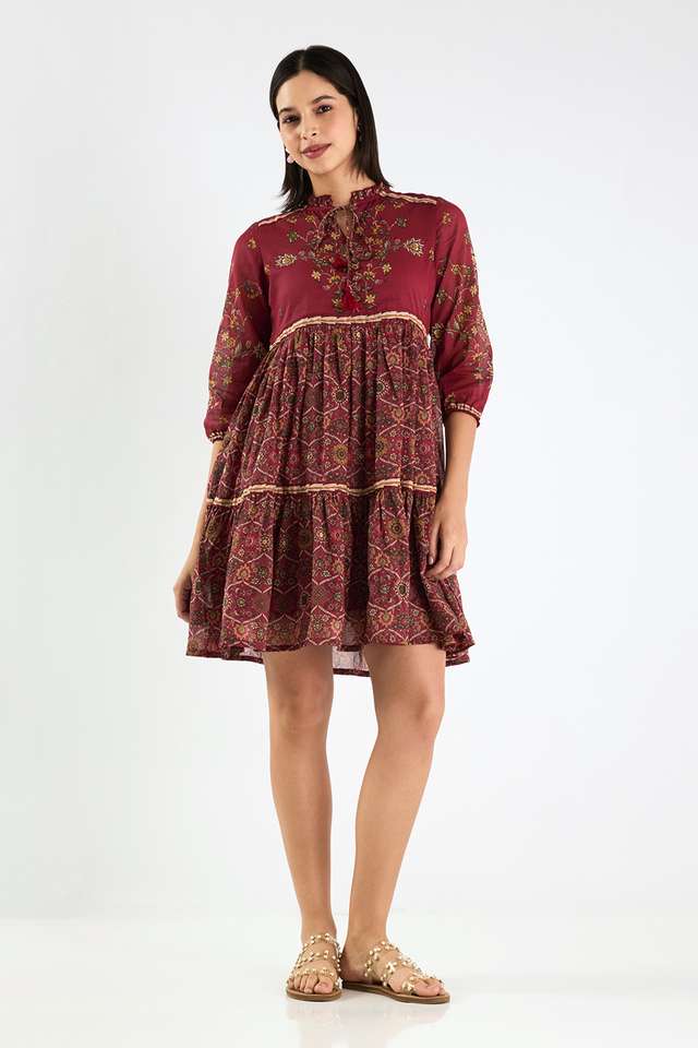 Printed-Blended-Fabric-Round-Neck-Women-s-Knee-Length-Dress