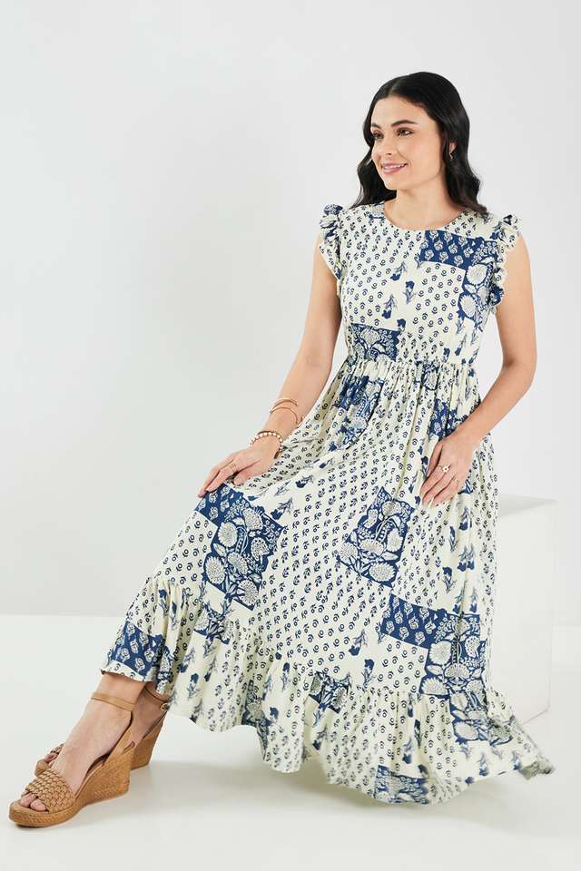 Printed-Blended-Fabric-Round-Neck-Women-s-Midi-Dress