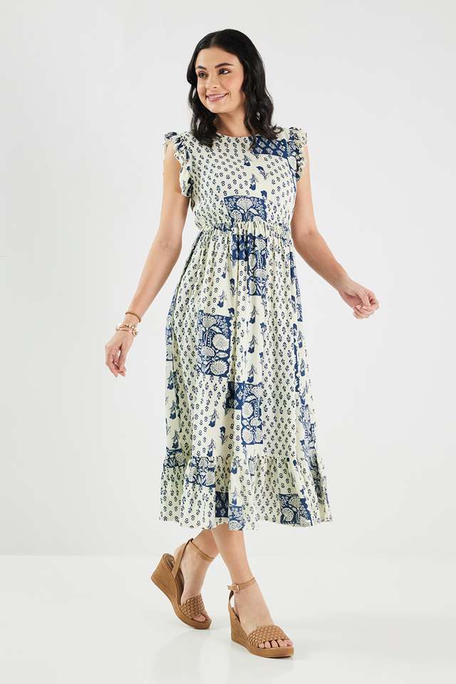 Printed-Blended-Fabric-Round-Neck-Women-s-Midi-Dress