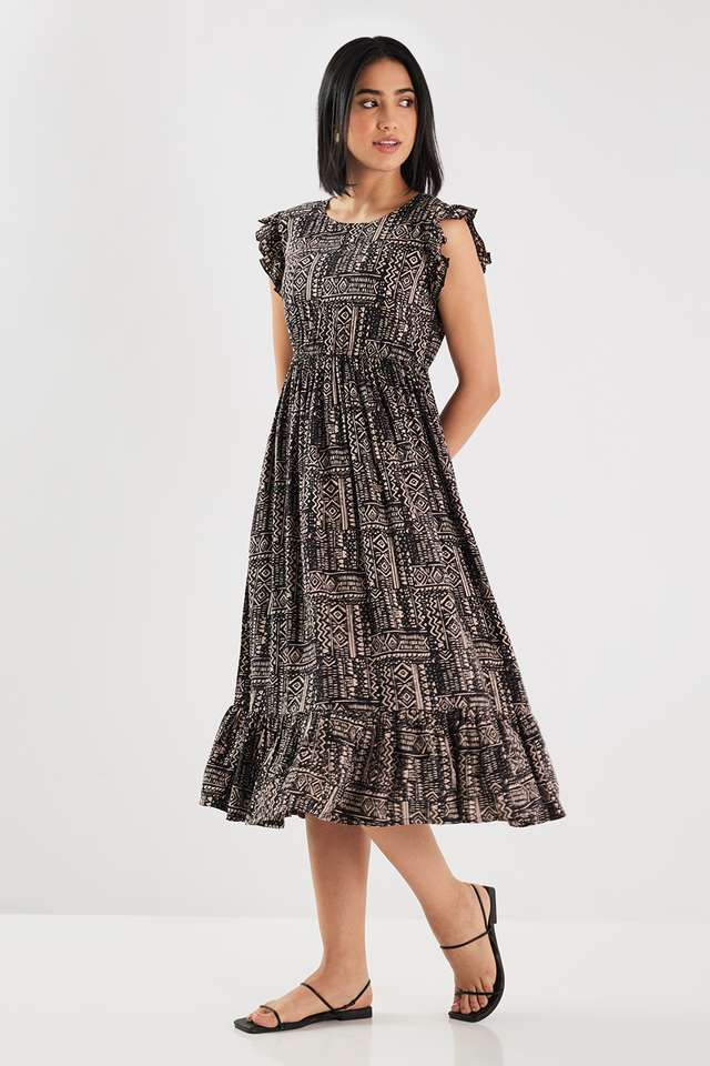 Printed Round Neck Blended Fabric Women Dress-image-47