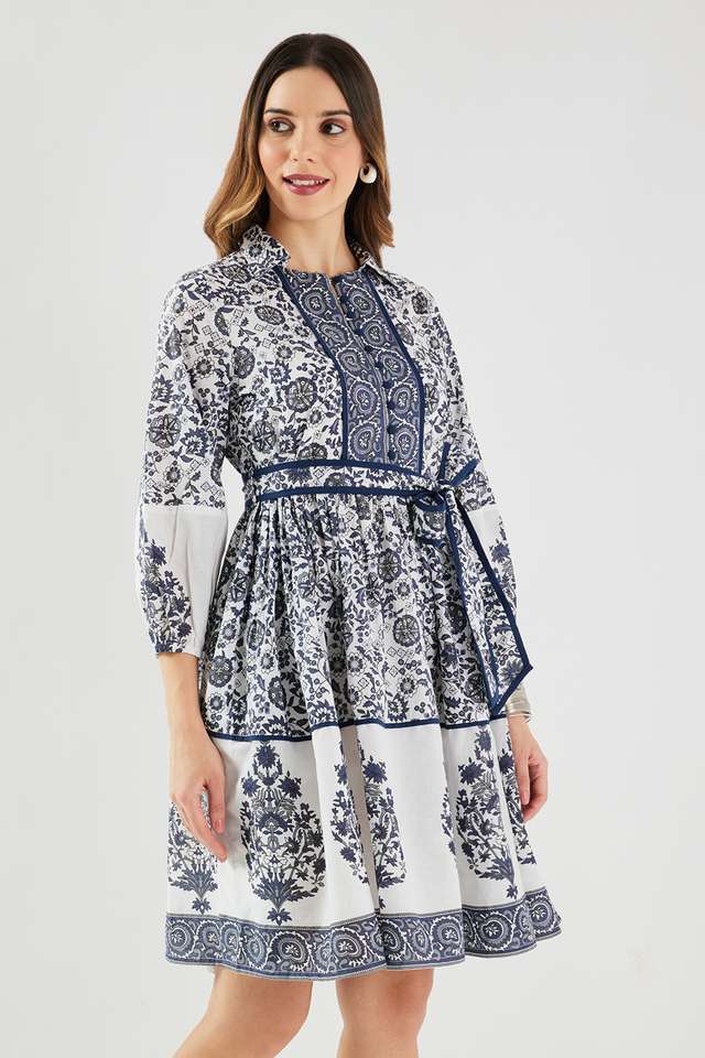 Printed-Blended-Fabric-Collared-Women-s-Knee-Length-Dress