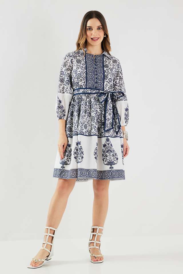 Printed-Blended-Fabric-Collared-Women-s-Knee-Length-Dress