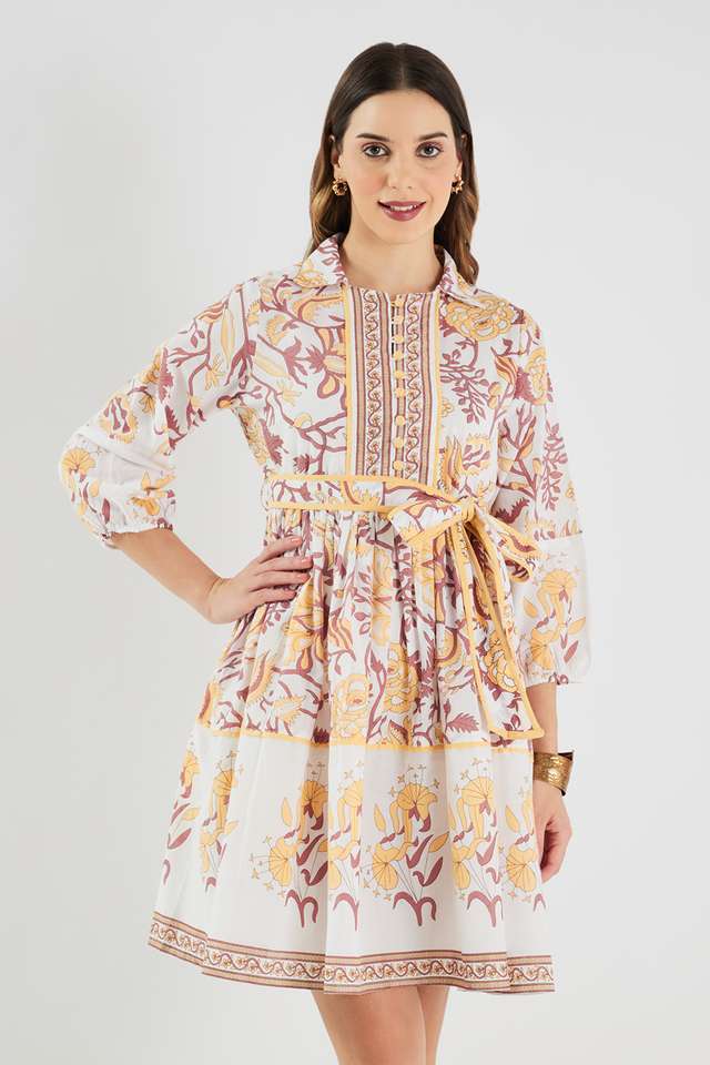 Printed-Blended-Fabric-Collared-Women-s-Knee-Length-Dress