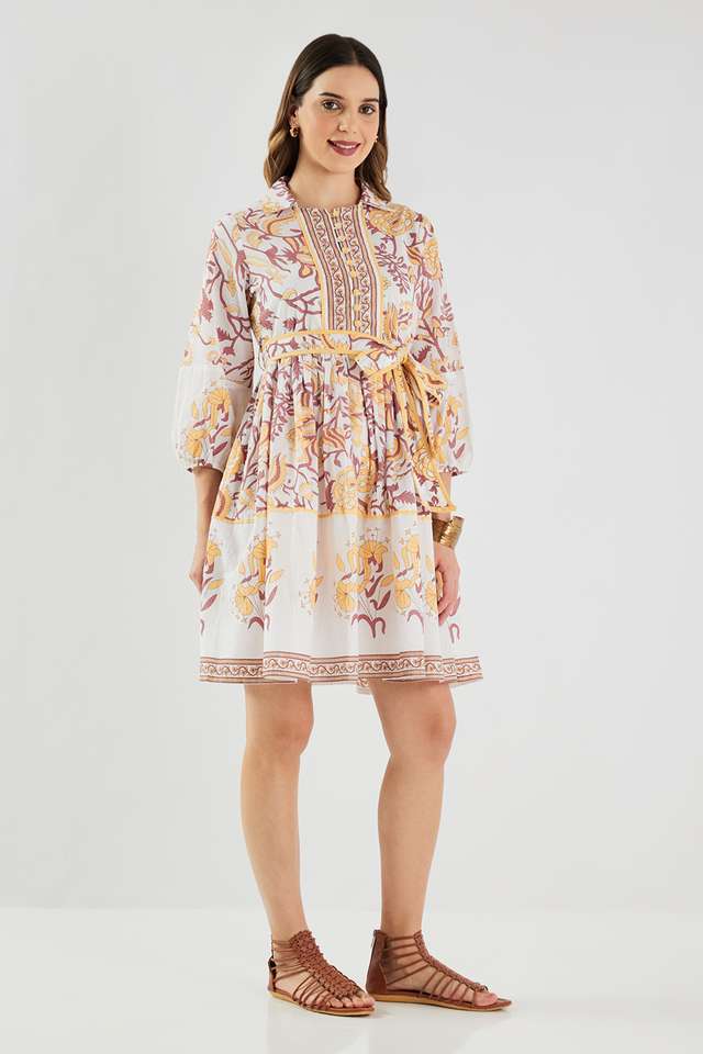 Printed-Blended-Fabric-Collared-Women-s-Knee-Length-Dress