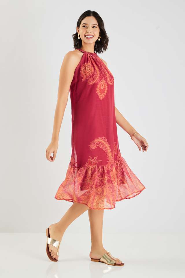 Printed-Blended-Fabric-Halter-Neck-Women-s-Midi-Dress