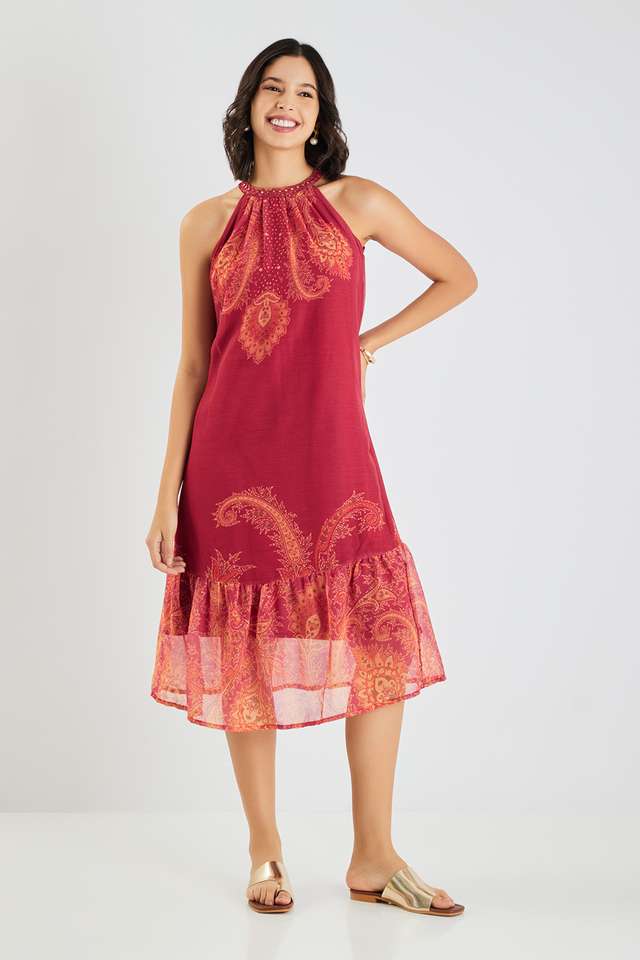 Printed-Blended-Fabric-Halter-Neck-Women-s-Midi-Dress