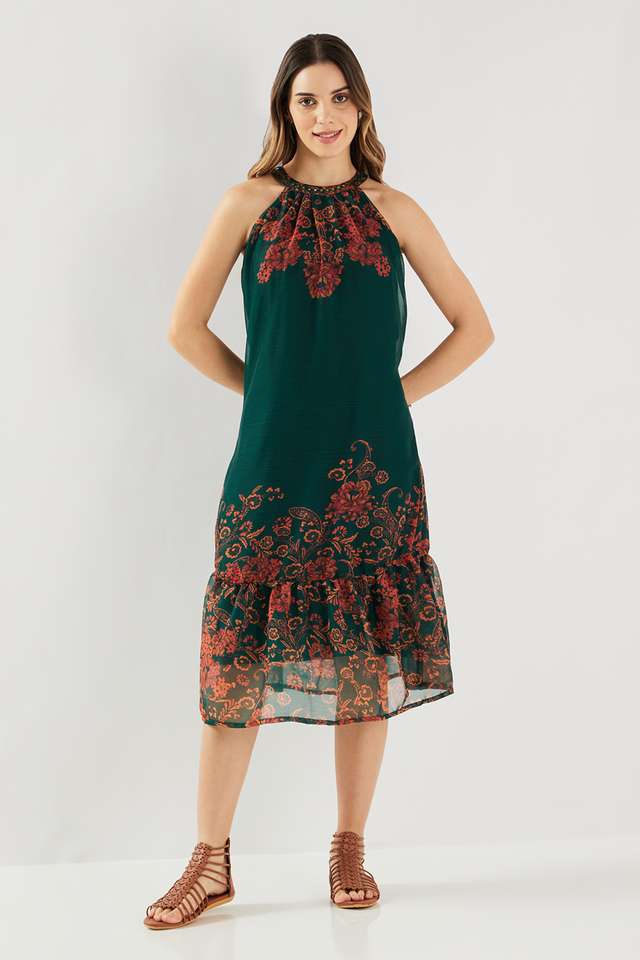 Printed-Blended-Fabric-Halter-Neck-Women-s-Midi-Dress