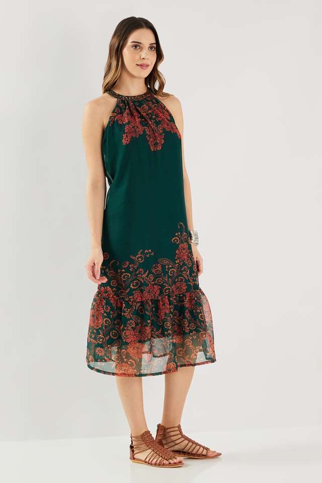 Printed-Blended-Fabric-Halter-Neck-Women-s-Midi-Dress