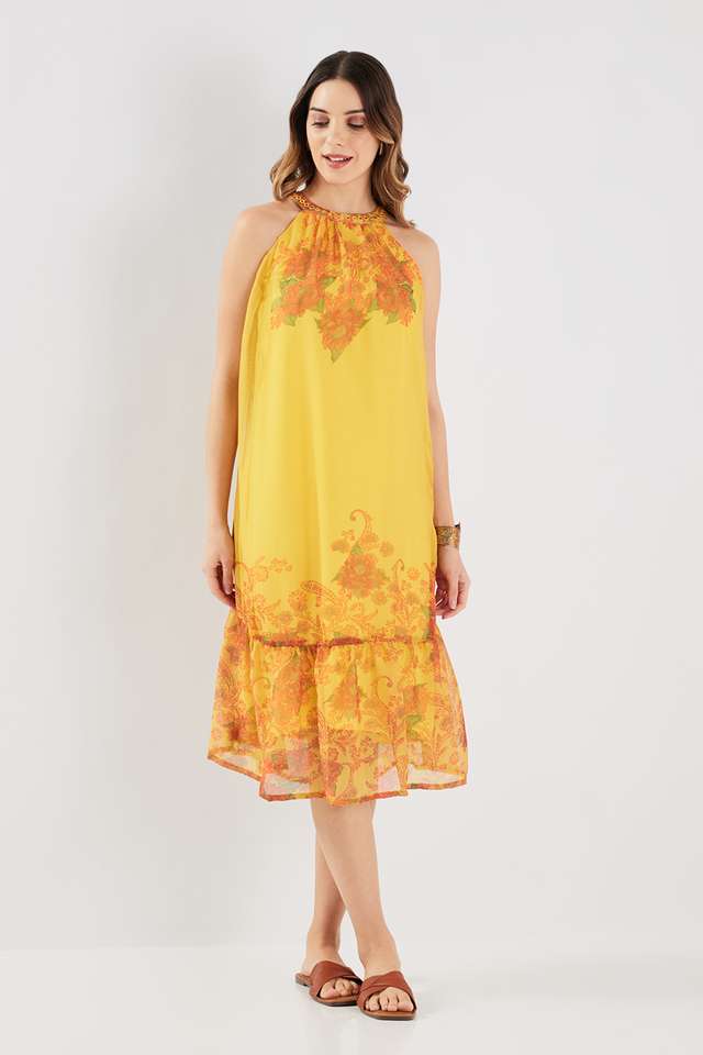 Printed-Blended-Fabric-Halter-Neck-Women-s-Midi-Dress