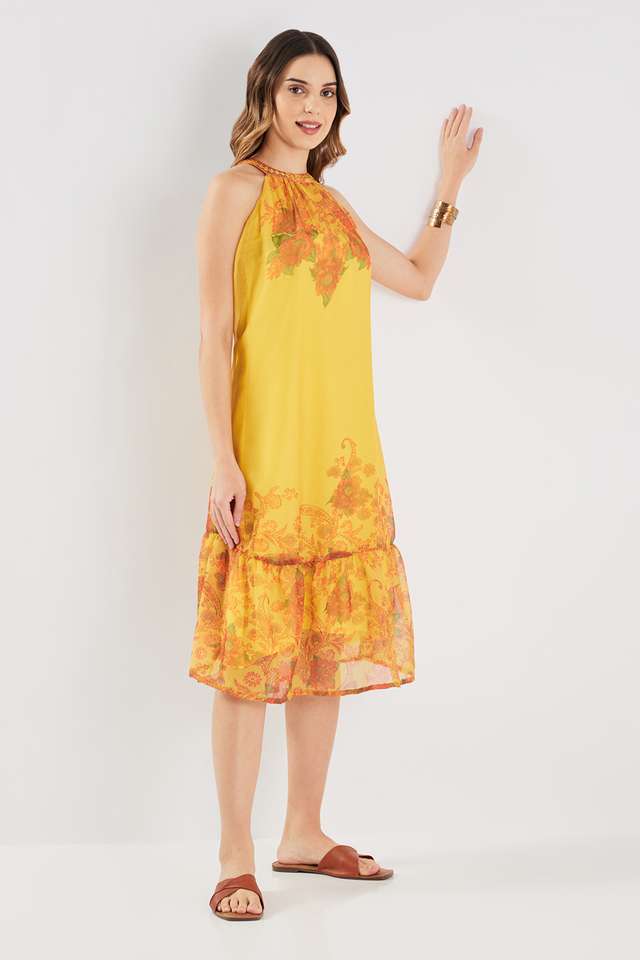 Printed-Blended-Fabric-Halter-Neck-Women-s-Midi-Dress