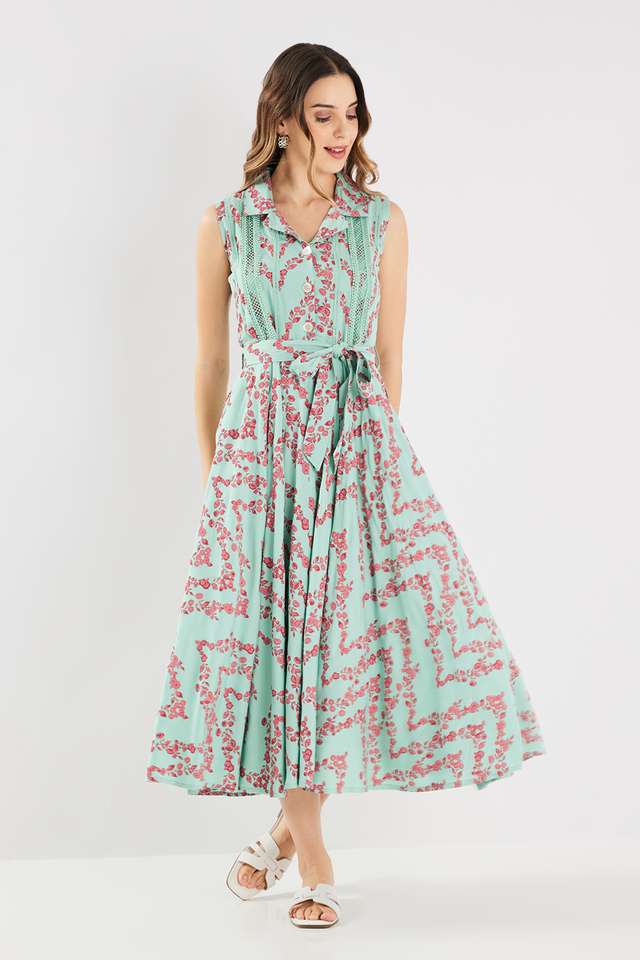 Printed-Blended-Fabric-Collared-Women-s-Midi-Dress