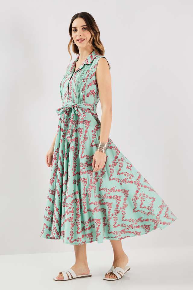 Printed-Blended-Fabric-Collared-Women-s-Midi-Dress