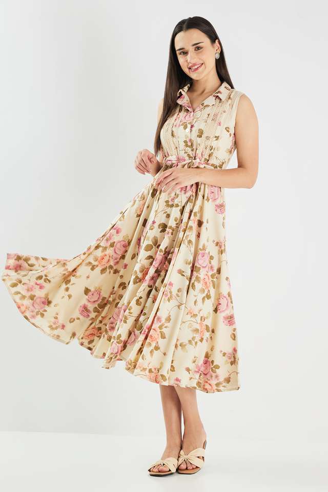 Printed-Blended-Fabric-Collared-Women-s-Midi-Dress