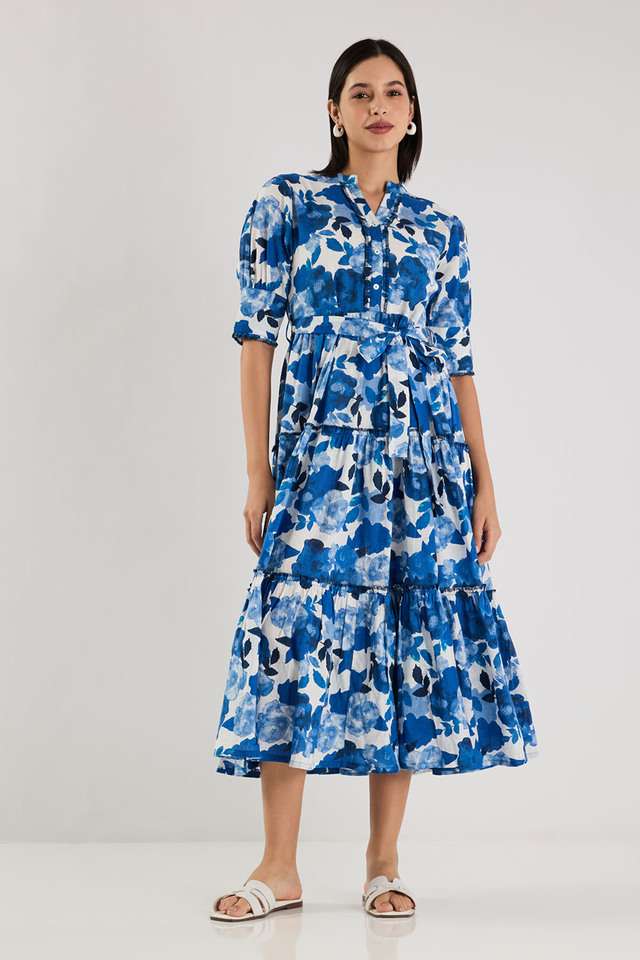Printed-Blended-Fabric-Collared-Women-s-Knee-Length-Dress