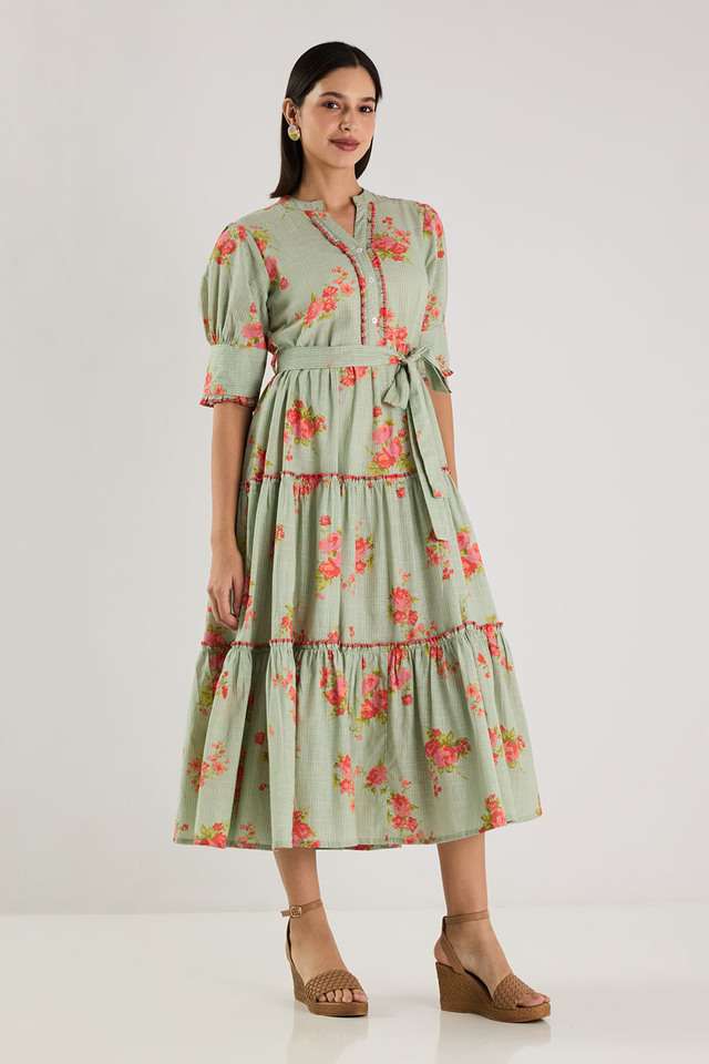 Printed-Blended-Fabric-Collared-Women-s-Maxi-Dress