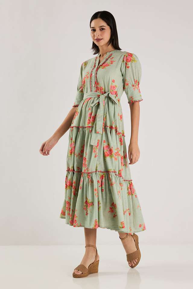Printed-Blended-Fabric-Collared-Women-s-Maxi-Dress