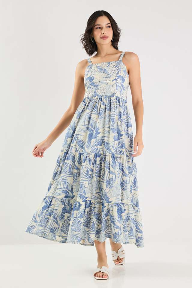 Printed-Square-Neck-Cotton-Women-s-Ankle-Length-Tiered-Dress