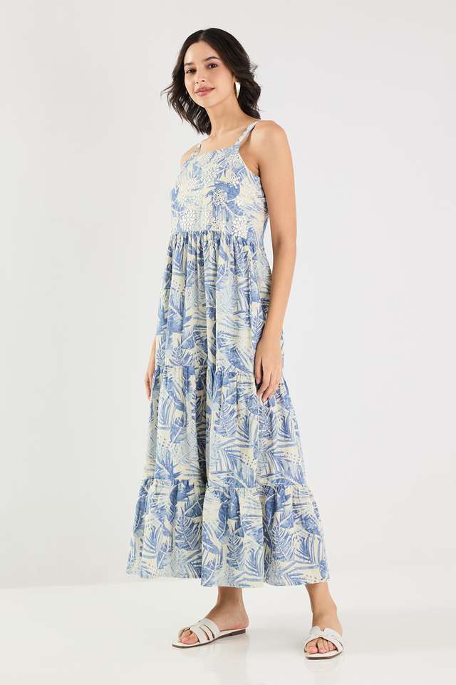 Printed-Square-Neck-Cotton-Women-s-Ankle-Length-Tiered-Dress