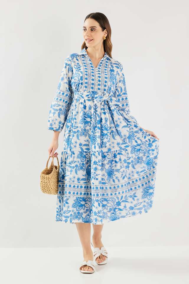 Printed-Blended-Fabric-Collared-Women-s-Midi-Dress