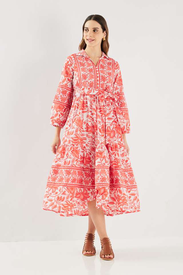 Printed-Blended-Fabric-Collared-Women-s-Midi-Dress