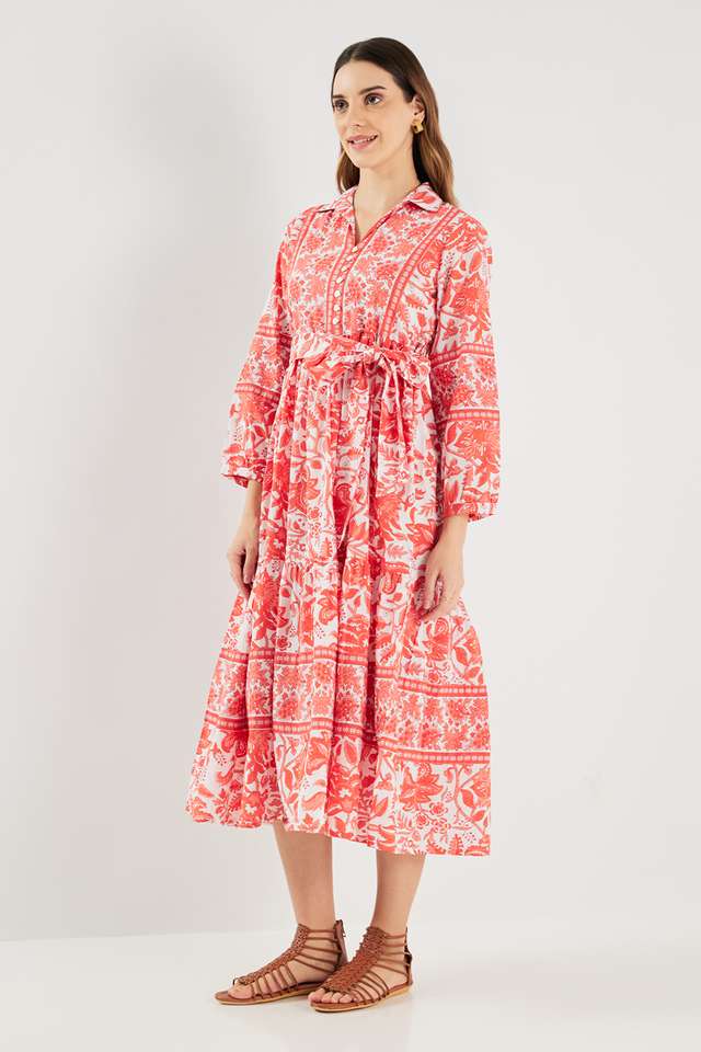 Printed-Blended-Fabric-Collared-Women-s-Midi-Dress