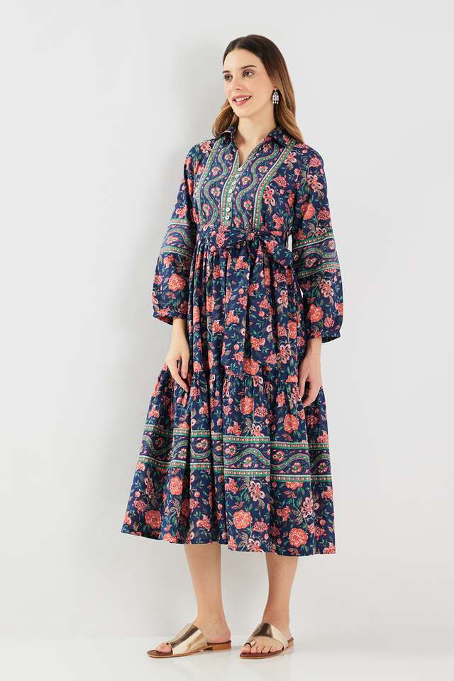 Printed-Blended-Fabric-Collared-Women-s-Midi-Dress