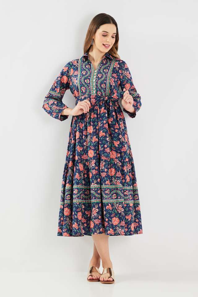 Printed-Blended-Fabric-Collared-Women-s-Midi-Dress
