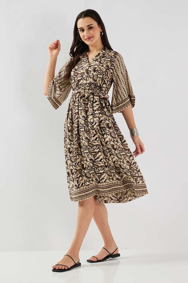 Printed-Blended-Fabric-Collared-Women-s-Midi-Dress