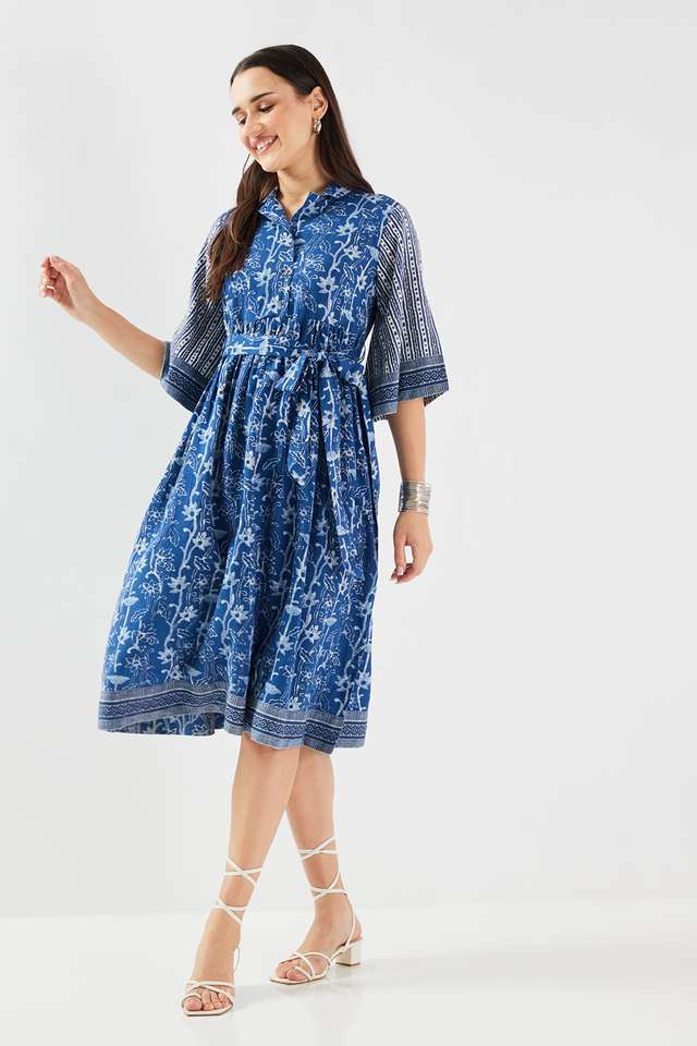 Printed-Blended-Fabric-Collared-Women-s-Midi-Dress
