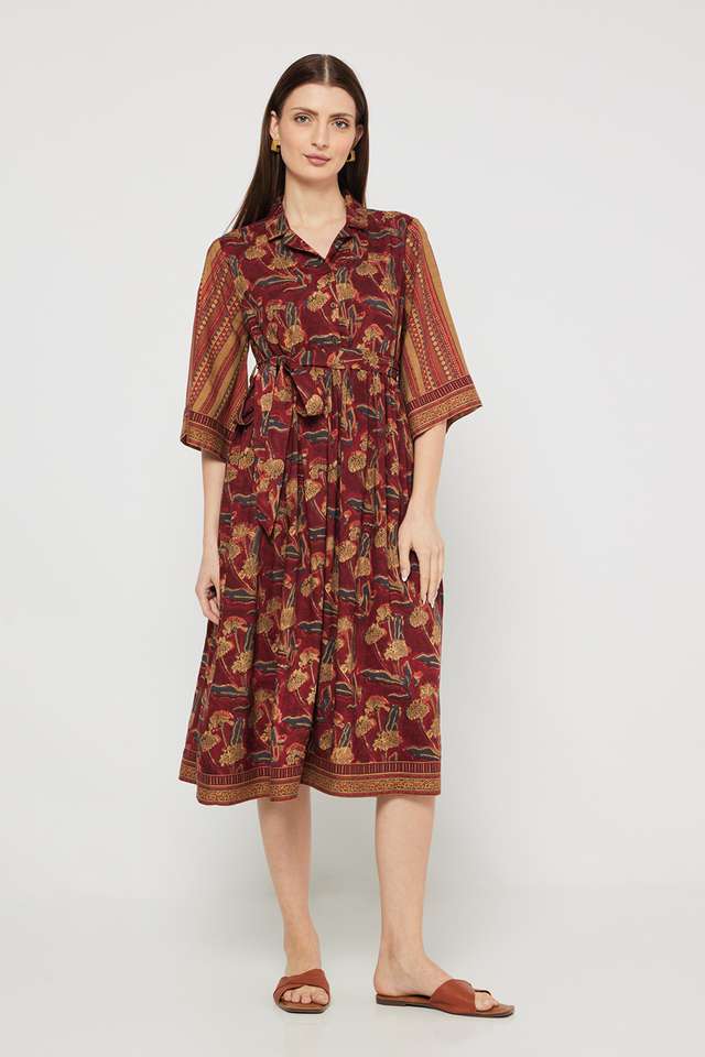 Printed-Blended-Fabric-Collared-Women-s-Midi-Dress
