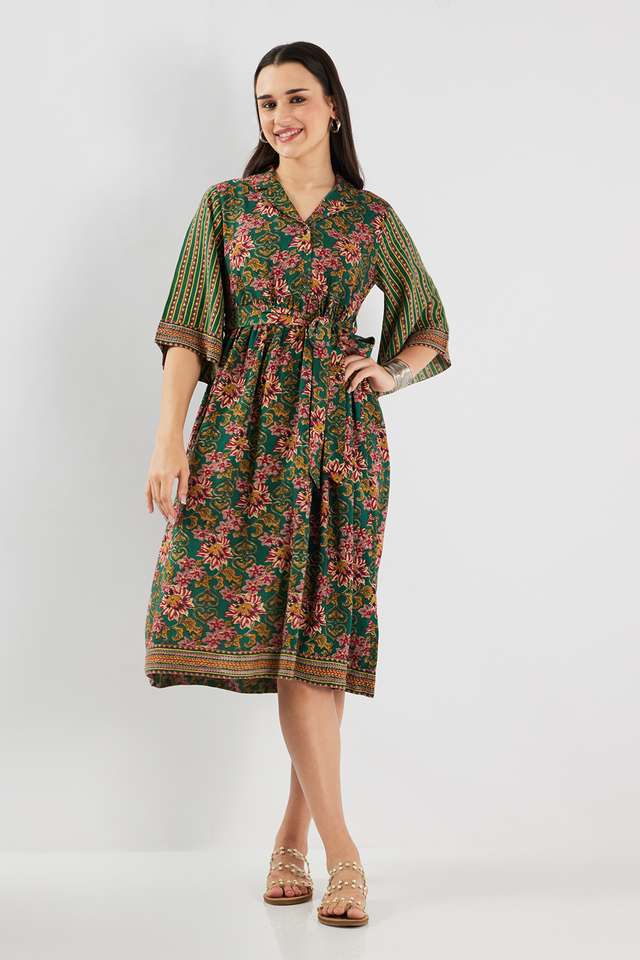 Printed-Blended-Fabric-Collared-Women-s-Midi-Dress