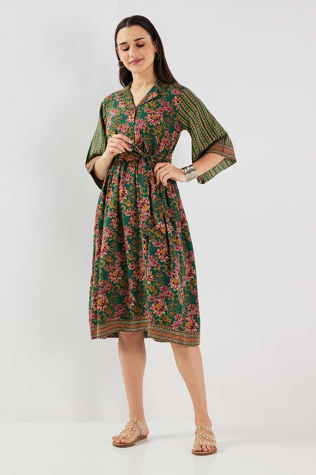 Printed-Blended-Fabric-Collared-Women-s-Midi-Dress
